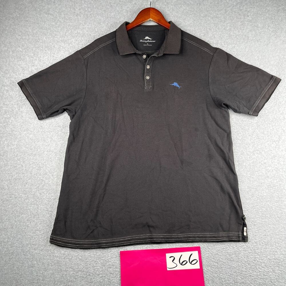 Tommy Bahama Polo Shirt Mens XL Black Pique Black Blue Fish Embroidered Logo